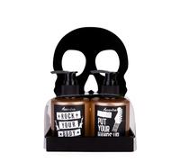 Accentra Juego de regalo Rockstar en bandeja de metal para hombres, diseño de calavera roca en negro con 160 ml de gel de baño y ducha y champú de 160 ml, aroma a madera de sándalo, idea de regalo de