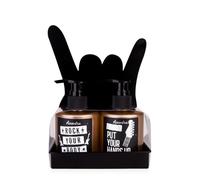 Accentra Juego de regalo Rockstar en bandeja de metal para hombres, diseño de mano cornuta rocoso en negro con gel de baño y ducha de 160 ml y champú de 160 ml, aroma a madera de sándalo, idea de