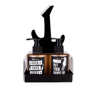 Accentra Juego de regalo Rockstar sobre bandeja de metal para hombres, 160 ml de gel de baño y ducha y champú de 160 ml, aroma a madera de sándalo, diseño de guitarra roca en negro, ideal como regalo