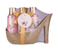 Accentra Juego de regalo Romántico Dreams para mujer, set de cuidado de baño en tacón alto, diseño de bombas de purpurina en oro rosa, aroma a rosa y terciopelo, 100 ml, gel de ducha, 100 ml, loción