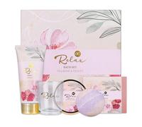 Accentra - Set de baño y tratamiento RELAX estuche de regalo - Kit regalo bienestar 5 pz para mujer - incluye manteca cuerpo, jabón, crema manos, bomba baño y vela perfumada, aroma: Tea Rose & Velvet