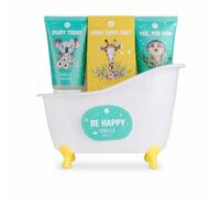Accentra kit regalo BE HAPPY vainilla bañera plástica rosa verde blanco | Regalo para peques, cuidado diario lúdico, incluye gel ducha, loción corporal, esponja red, tina reutilizable para ordenar