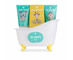Accentra kit regalo BE HAPPY vainilla bañera plástica rosa verde blanco | Regalo para peques, cuidado diario lúdico, incluye gel ducha, loción corporal, esponja red, tina reutilizable para ordenar