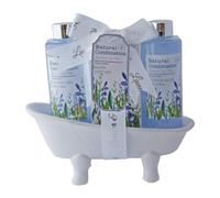 Accentra LAVENDEL - Set de baño (cerámica, incluye gel de ducha de 140 ml, baño de espuma de 140 ml, 50 g de sales de baño, fragancia: lavanda y salvia, lila/blanco)
