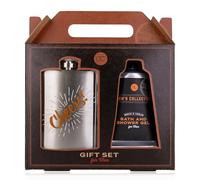 Accentra MEN'S COLLECTION Set de regalo para hombre, petaca de acero inoxidable y gel de baño y gel de ducha de 60ml en caja regalo de papel kraft, marrón - negro