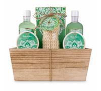 Accentra Pack de regalo ALOE de cuidado corporal para mujer en cesta verde | Selección cuidado corporal, pack cosmético en tonos aguamarina y blanco, lazo rústico, cumpleaños, Navidad, amigo invisible