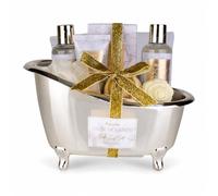Accentra Set de baño, bañera dorada, vainilla y almendra, 150 g sales | Regalo para mujer, recipiente brillante, presentación cuidada, accesorios para aseo corporal, pausas relajantes en casa