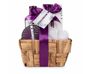 Accentra Set de baño BOTANIC SPA té verde y verbena de limón | Kit cuidado personal con gel ducha, loción corporal, esponja malla, presentación blanca lila para sorprender, imagen cuidada