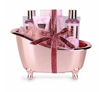Accentra set de baño COSY MOMENTS rosado con bañera brillante de regalo | Kit cuidado corporal para mujer, recipiente metalizado decorativo, lazo vistoso, esponja, jabón, bomba, sales, spa casero