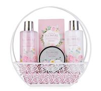 Accentra-Set de baño DREAM OF FLOWERS en cesta de alambre, incl. gel de ducha, loción corporal, sales de baño, exfoliante corporal regalo de bienestar para el Día de San Valentín o el Día de la Madre