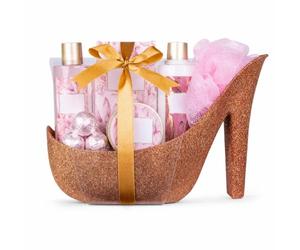 Accentra Set de baño Golden Jasmine, 200 g sales, zapato con glitter rosé | Cofre autocuidado: gel ducha, loción corporal, exfoliante, bombas, esponja; formato variado especial pensado para mujer