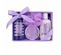 Accentra set de baño LAVENDEL lavanda caja de regalo lila 10 g esponja | Set regalo cosmético: gel para ducha, loción corporal, manteca cremosa, malla, tonos suaves, presentación cuidada elegante