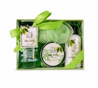 Accentra Set de baño OLIVE caja de regalo verde con esponja de malla | Kit aseo personal listo para sorprender, gel limpiador, loción, manteca, accesorio baño, presentación cuidada actual