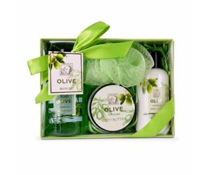 Accentra Set de baño OLIVE caja de regalo verde con esponja de malla | Kit aseo personal listo para sorprender, gel limpiador, loción, manteca, accesorio baño, presentación cuidada actual