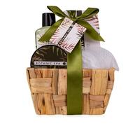 Accentra set de baño OLIVE SPA en cesta de hierba marina 150 g sales | Loción corporal, esponja malla, recipiente hierba marina, colores blanco verde marrón, opción para cuidado personal