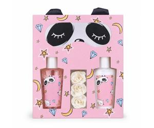Accentra set de baño SWEET DREAMS vainilla y caramelo 3 x 3.5 g confeti | Caja lista para obsequiar: gel ducha, loción corporal, antifaz descanso, flores decorativas, azul claro, blanco, tierno