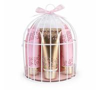 Accentra set de baño WILD BERRY regalo para mujer rosa con 145 g jabón | Kit autocuidado para ella, soporte decorativo tipo pajarera, productos corporales, crema manos uñas, malla incluida