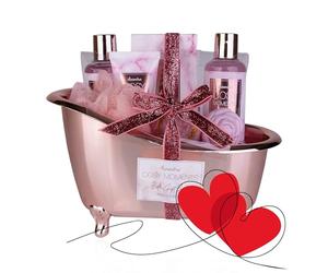 Accentra - Set de baño y ducha COSY MOMENTS en rosa - Set de regalo relajante para mujer para un cumpleaños o San Valentín - Set de bienestar y cuidado de 7 piezas en una mini bañera decorativa