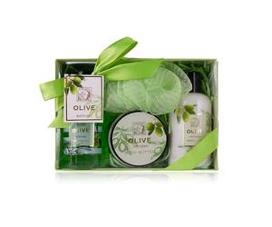 Accentra - Set de ducha para mujer OLIVE estuche de regalo bonito - Kit tratamiento 4 pz con gel duche, loción cuerpo, manteca corporal y esponja de redecilla - Surtido bienestar para cumpleaños