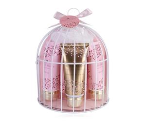 Accentra - Set de ducha para mujer Wild Berry en bonita jaula de pájaros, set de baño de 5 piezas, regalo con gel de ducha, loción corporal, jabón, crema de manos y esponja de malla - Set de bienestar