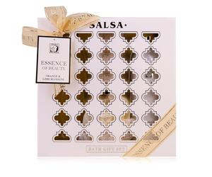 Accentra Set de ducha SALSA ESSENCE OF BEAUTY para mujeres, gel, loción, exfoliante, esponja, aroma Naranja y Flor de Limón, caja de regalo, idea de lujo para damas