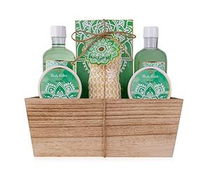 Accentra - set de ducha set de regalo para mujer ALOE VERA en una cesta de madera - set de cuidado de 6 piezas con gel de ducha, baño de burbujas, sal de baño, loción corporal y más - bienestar