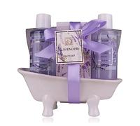 Accentra - set de ducha set de regalo para mujer LAVANDA en una hermosa bañera de cerámica - set de cuidado de 3 piezas con gel de ducha, baño de burbujas y sales de baño - set de regalo de bienestar