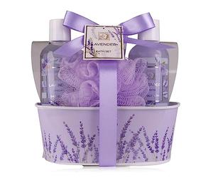 Accentra - set de ducha set de regalo para mujer LAVANDA en una hermosa caja de metal - set de cuidado de 4 piezas con gel de ducha, loción corporal, baño de burbujas y esponja de red - bienestar