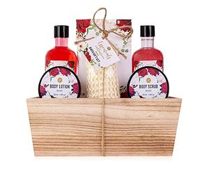 Accentra - set de ducha set de regalo para mujer ROSA en una cesta de madera - set de cuidado de 6 partes con gel de ducha, baño de burbujas, sales de baño, loción corporal y más - regalo de bienestar