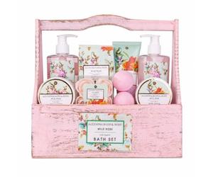Accentra Set de regalo mujer VINTAGE FLORALS Wild Rose 100 g sales de baño | Cesta cuidada para mimar, caja en madera con asa, tonos lila y turquesa, ideal cumpleaños, Navidad o detalles personales