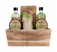 Accentra set de regalo OLIVE cesta madera verde marrón 300 g sales de baño | Incluye gel ducha, espuma, peeling, loción corporal y esponja sisal para pausa personal cuidadosa diaria en casa con calma
