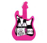 Accentra set de regalo ROCKSTAR guitarra metálica rosa té blanco 70 g jabón | Incluye gel, champú, pastilla limpiadora y toalla; estuche musical llamativo para sorprender en celebraciones especiales