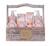 Accentra set regalo mujer SECRET GARDEN caja madera White Tea Apricot | Cofre cosmético femenino con asa portátil, artículos de baño y ducha, loción, sales, confeti floral y bombas efervescentes