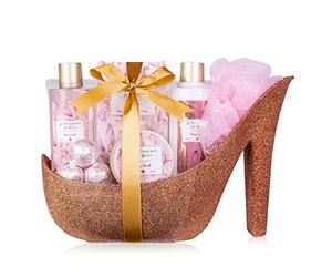 accentra - Set Regalo Mujer Un momento para ti Fragancia Jazmín - Set de belleza de lujo con gel de ducha, sales de baño, loción corporal y mucho más. - Para mujeres con bomba de cerámica de purpurina
