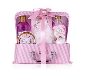 Accentra - Set regalo Princess Kitty para niñas y mujeres - Kit ducha 7 pz con baño espuma, bombas-baño, gel duche, loción cuerpo etc. - Surtido con fragancia de fresa y vainilla en maletín de papel