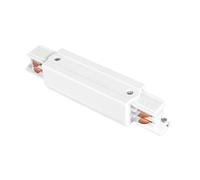 Accesorio de carril LED 4 vías, conector recto blanco, permite hasta 3 encendidos, ideal para iluminación modular en interiores.