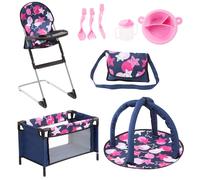 Accesorio de muecas Bayer 9 -in -1 con cama de viaje y silla alta - Toy perfecto para muecas - Incluye tuttensilios de placas de juego y ms