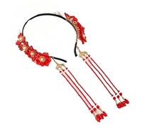 Accesorio for el cabello de novia de boda china, estilo chino retro, colgante de borla larga con perlas y hojas de flores rojas, diademas hechas a mano, diademas for vestido Hanfu