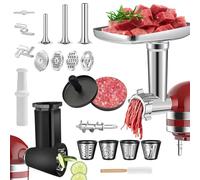 Accesorio Picador de Carne para Kitchenaid, Kit Completo con 4 Rejillas + 3 Rellenadoras de Salchichas y Cepillo de Limpieza para Hacer Carne Picada y Embutidos (Con Cortador de Verduras)