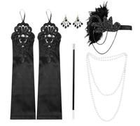 Accesorios Años 20 Mujer, 5pcs Disfraz de Los Años 20 para Mujer, Great Gatsby Accesorios, Accesorios de Charleston, con Flapper Diadema Guantes Collar de Perlas Pendientes, para Halloween Carnaval