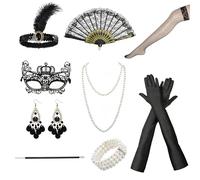 Accesorios Años 20 Mujer,9PCS 1920s Set de Accesorios,con Diadema,Guantes,Collar de Perlas,Pendientes,Tubo largo,Pulsera,Abanico,Medias,Máscara de ojo,1920s Flapper Accesorios,para Carnaval Halloween