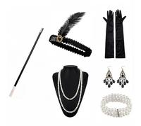 Accesorios años 20 para mujer - Conjunto de 6 piezas estilo Gatsby & Charleston - Diadema con plumas, guantes de satén, collar de perlas - para noche grande de Gatsby, Halloween y fiesta de disfraces