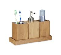 Set de 4 Piezas para el Cuarto de baño, bambú, 18.5x25x10.5cm, Soporte Cepillo de Dientes, dispensador jabón, Natural