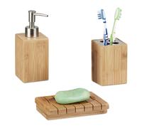 Relaxdays Juego de Accesorios de Baño Decorativo, Bambú-Metal, Beige-Blanco, 3 Unidades