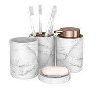 Accesorios Baño Set de Baño 4 Piezas Antigoteo - Dispensador Jabon Baño 250-300ml, Jabonera Baño Antideslizante, Portacepillos de Dientes 4 Cepillos y Vaso - Mármol sin Metal Cobre