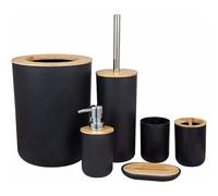 Accesorios baño Set Portacepillos de dientes Bambú Encimera de madera Autoportante Dispensador de jabón Taza Cocina Cepillo de baño Salón Cubo de basura Ahorro de espacio Ducha Casa Hotel Plat(negro)