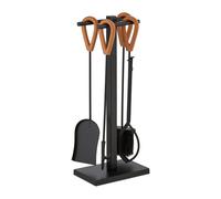 Relaxdays 5 Accesorios Chimenea, Set de Estufa con Pala, Escoba, Atizador, Pinzas y Soporte, Mangos Cuero, Negro/Marrón, Yute, 62x25x16 cm