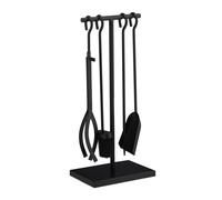 Relaxdays Accesorios Chimenea, Modernos, Juego de Estufa con Atizador, Pinzas, Escoba, Pala y Soporte, Negro, Acero, Set de 5 Piezas