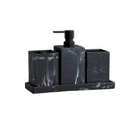 Accesorios de baño completos con diseño mármol, dispensador jabón, loción, portacepillos Dientes, Vaso y Bandeja Resina, Color Blanco Negro para Cocina y Baño(Black 4 pcs)