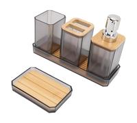 Accesorios de Baño de bambú y Plástico con Botellas de Loción Copa de Dientes Bandeja de Jabón, Estilo de Textura Simple, Ideal para Diversos Entornos (GRAY)